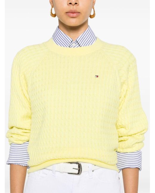 Tommy Hilfiger Yellow Logo-embroidered Cable-knit Jumper