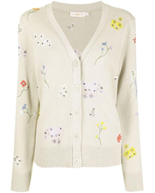 Tory Burch Floral-embroidered Knitted Cardigan in Brown - Lyst