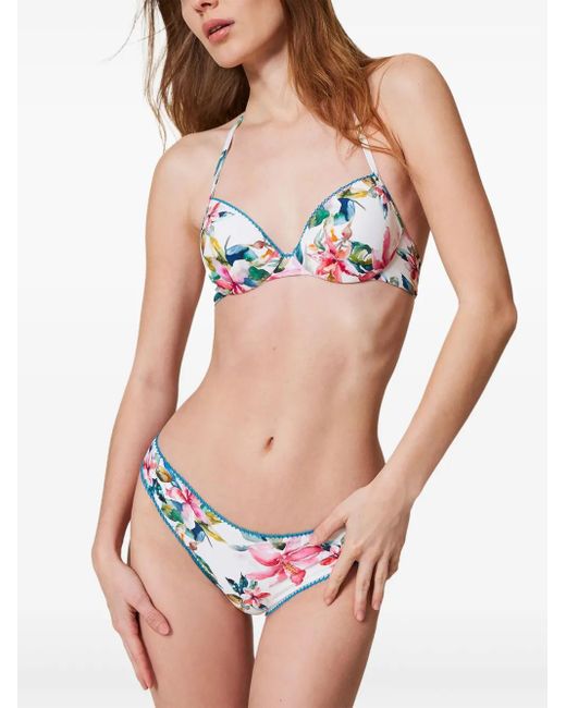 Twinset White Floral-Print Push-Up Bikini Top