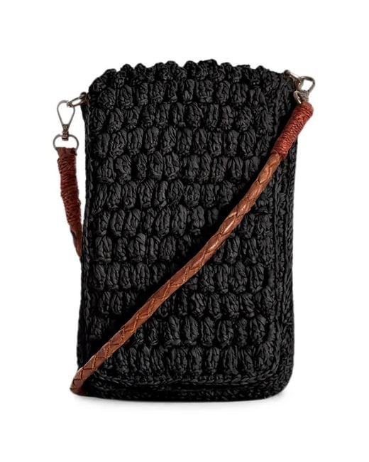 IBELIV Black Small Vao Woven-Raffia Phone Bag