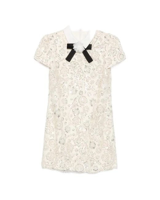 Self-Portrait White Sequin-Embellished Bow-Detail Mini Dress