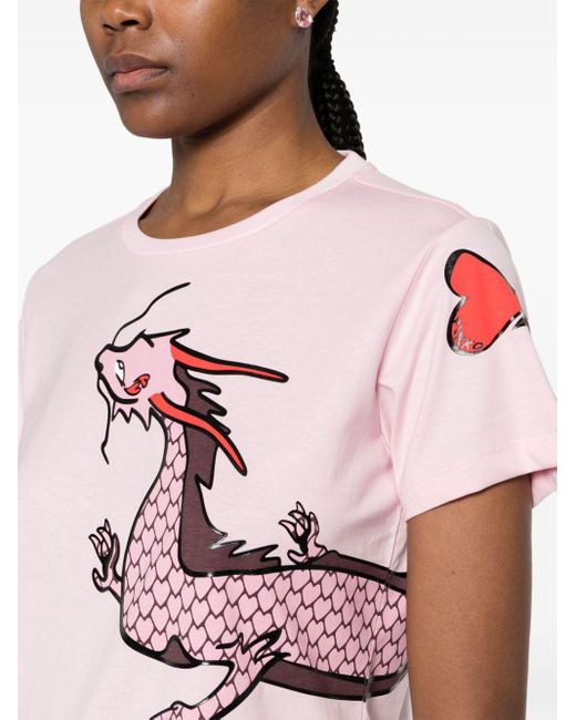 Pinko Pink Quentin Cotton T-Shirt With Dragon Print