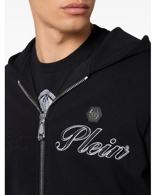 Philipp Plein Black Logo-Embroidered Zip Hoodie for men