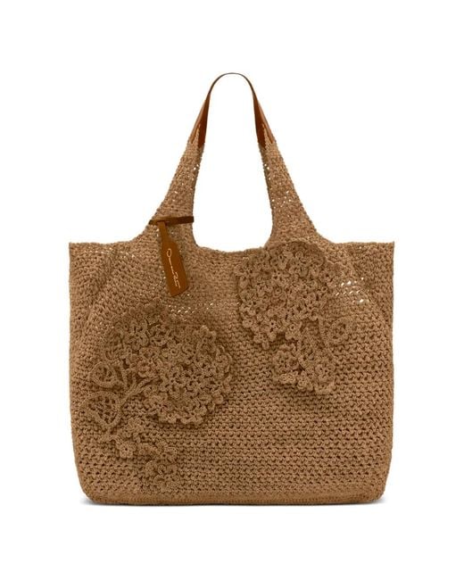 Oscar de la Renta Brown Topaz Floral-Appliqué Shoulder Bag
