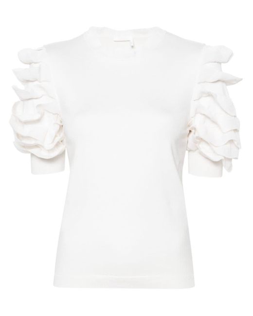 Chloé Ruffled Fine-knit T-shirt in het White