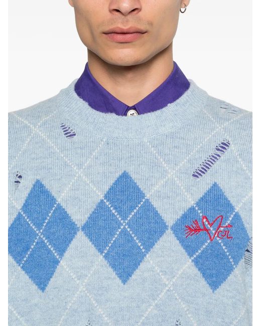 Charles Jeffrey Blue Argyle-Pattern Distressed Sweater