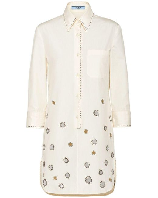Robe-chemise en coton à appliqués Prada en coloris White