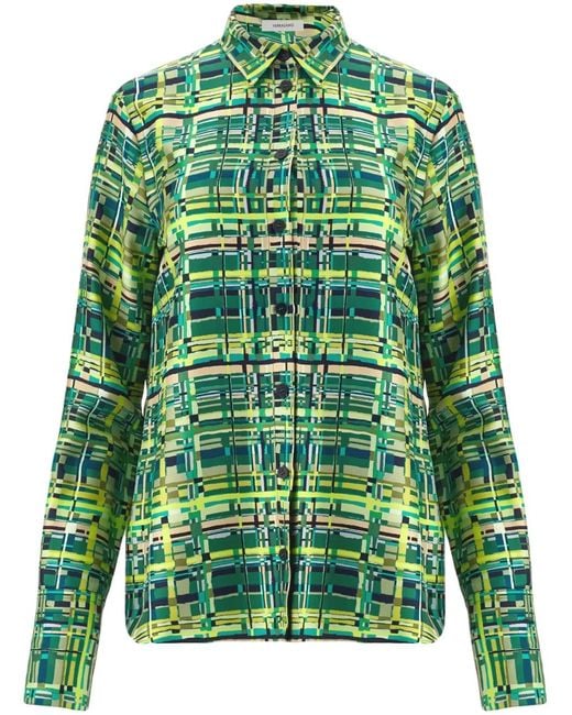 Ferragamo Green Long-Sleeved Checkered Silk Shirt