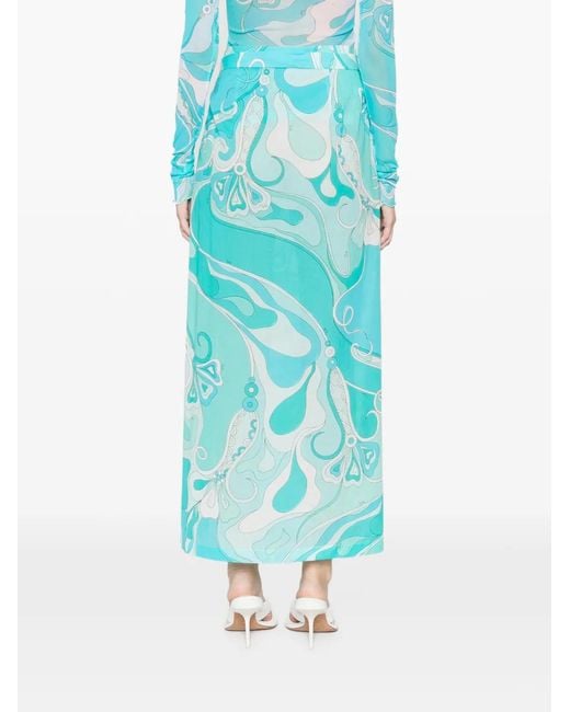 Emilio Pucci Blue Jupe Longue Orchidee À Détail Noué