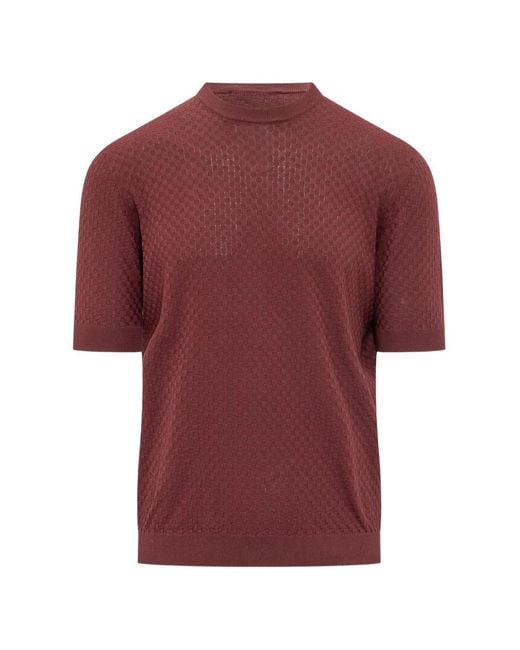 FILIPPO DE LAURENTIIS Red Checkerboard-Knit Short-Sleeve Sweater for men