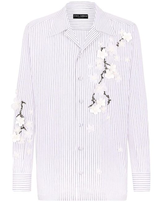 Dolce & Gabbana White Floral-appliqué Striped Shirt for men