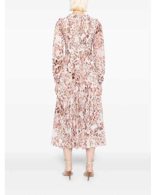 Needle & Thread Pink Leopard Smocked Midi Dress