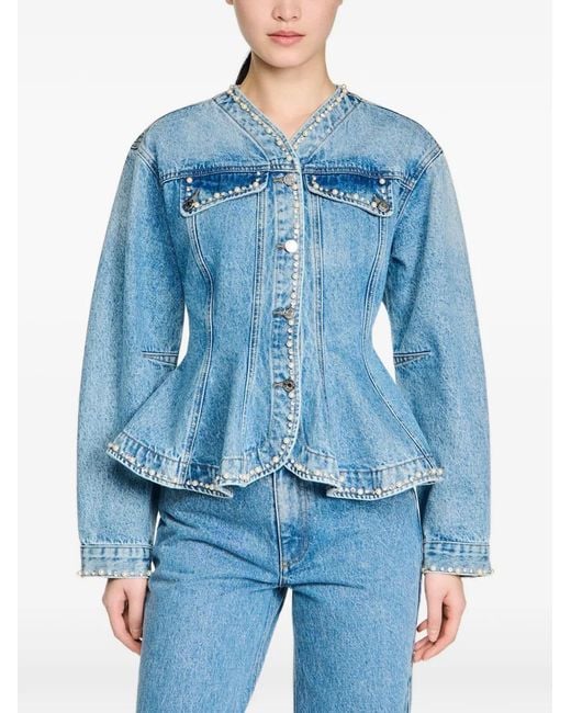 Sandro Blue Pearl-Embellishment Denim Jacket