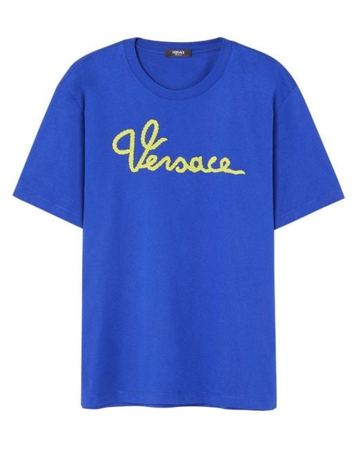 Versace Blue Logo-embroidered Cotton T-shirt for men