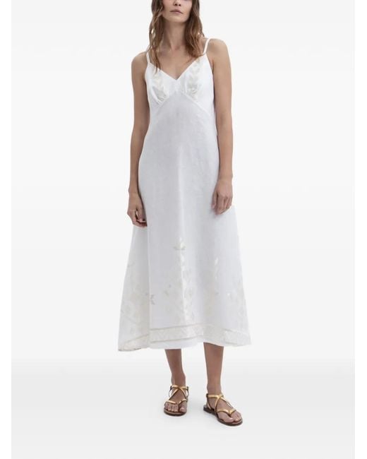 Greek Archaic Kori White Embroidered V-Neck Midi Dress