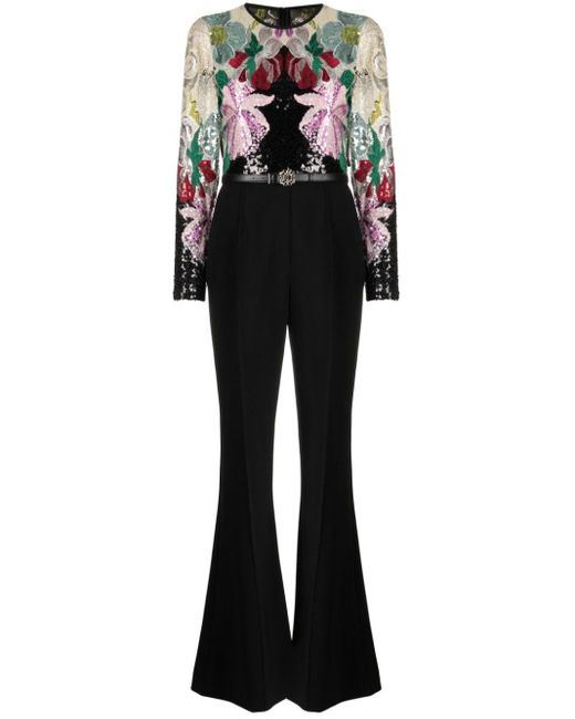 Elie Saab Black Floral-embroidered Flared Jumpsuit
