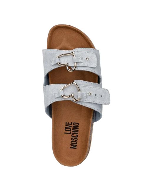 Love Moschino White Heart-Buckle Suede Sandals