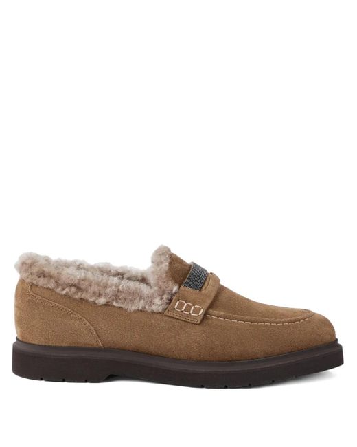 Brunello Cucinelli Brown Shearling-Trimmed Penny Loafers