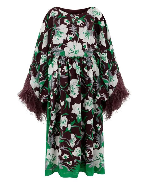 Valentino Garavani Brown Feather-Trim Floral Dress