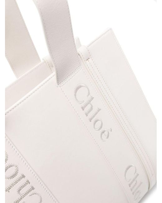 Chloé White Medium Woody Leather Tote Bag