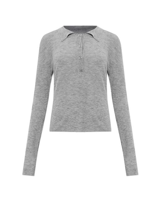 Ganni Gray Ribbed-Knit Polo Top