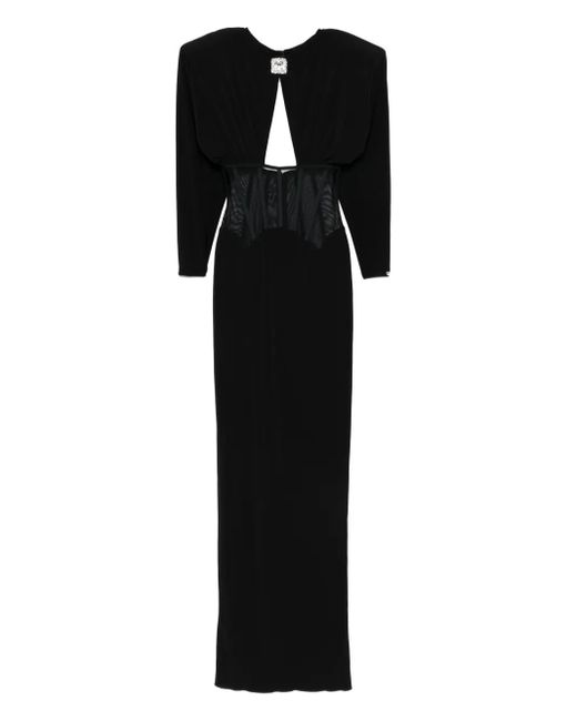 Nissa Black Padded-Shoulder Panel-Insert Maxi Dress