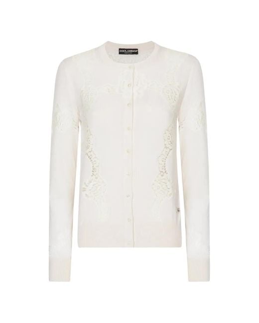 Dolce & Gabbana White Lace-Insert Button-Up Cashmere Cardigan