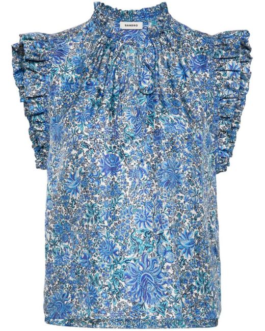 Sandro Blue Floral-print Silk Blouse