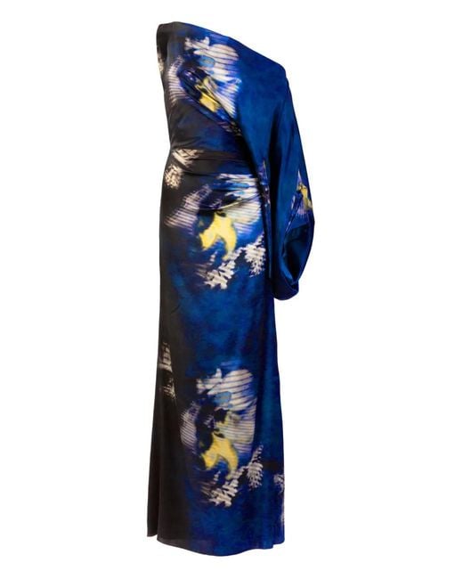 Silvia Tcherassi Blue Dotty One-Shoulder Floral Maxi Dress