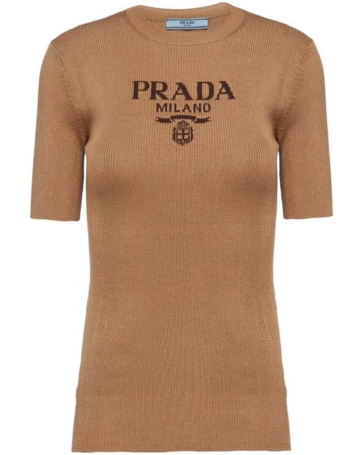 Prada Brown Logo-Intarsia Silk Top