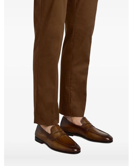 Santoni Brown Leather Penny Loafers for men