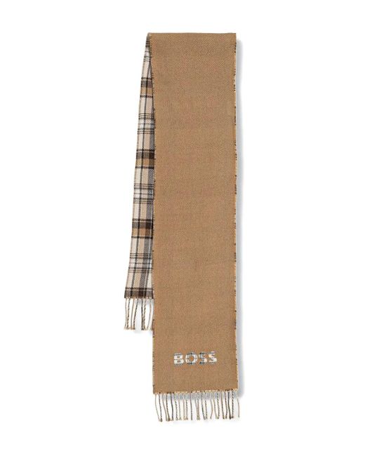 Boss Natural Check-Pattern Fringed Scarf for men