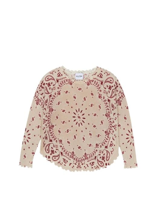 Kujten Pink Mela Bandana Bico Paisley-Print Frayed-Edge Sweater