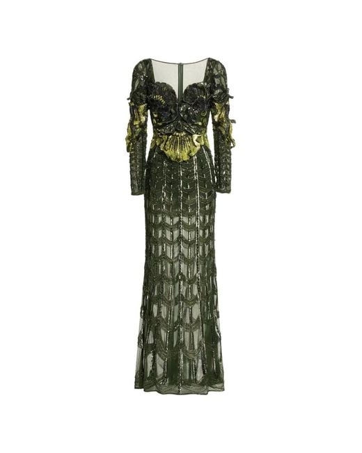 Elie Saab Green Sweethheart-Neck Maxi Dress