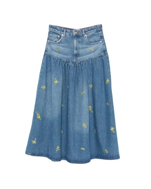 Ganni Blue Floral-Print Maxi Skirt
