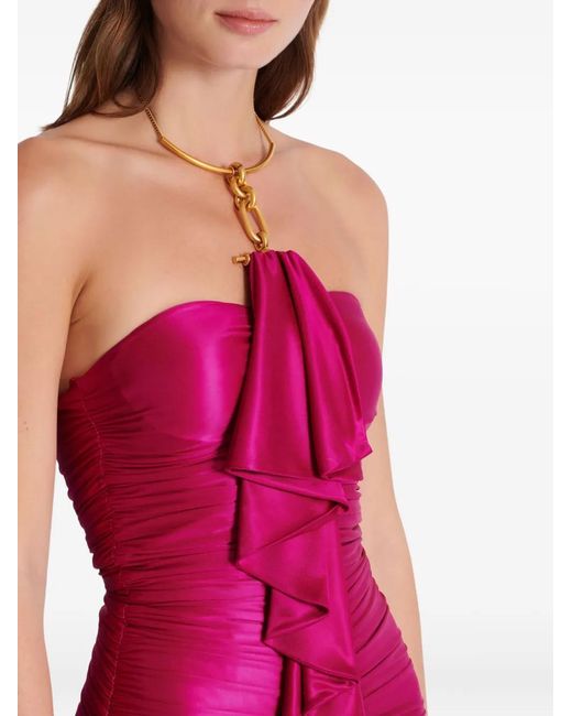 Balmain Pink Long Draped Bustier Dress With Embellished Detail
