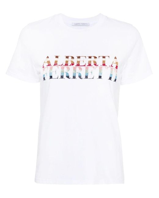 Alberta Ferretti White T-Shirt mit Perlen-Logo