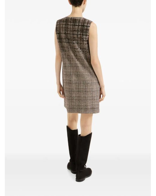 Brunello Cucinelli Brown Checked Alpaca And Wool Mini Dress With Dazzling Degradé-Embroidery