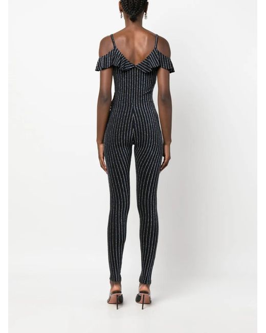 DSquared² Black Ruffled Glitter-Stripes V-Neck Jumpsuit