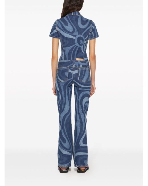 Emilio Pucci Blue Marmo-print Denim Jumpsuit - Women's - Cotton/elastane