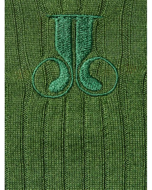 LaDoubleJ Green Embroidered-Logo Feather-Cuffs Sweater