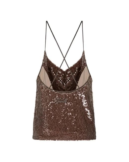 Gaelle Paris Brown Sequin-Embellished Cowl-Neck Top