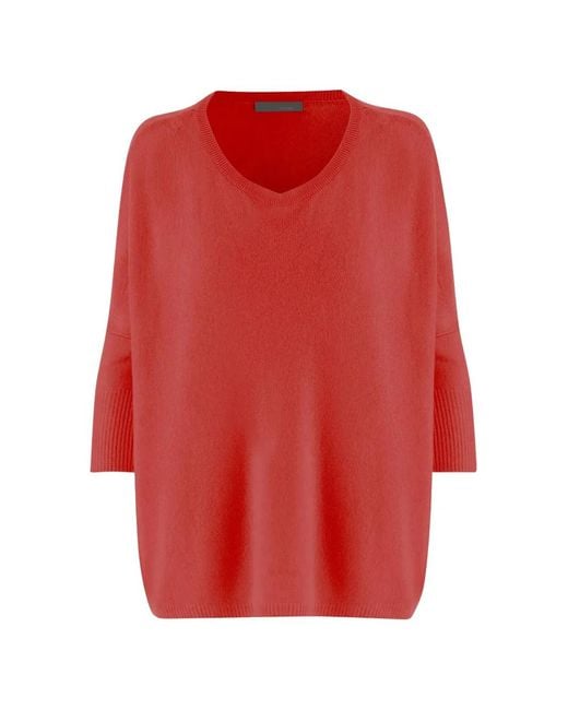 Allude Red V-Neck Ribbed Sweater