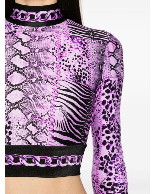 Just Cavalli Purple Cropped-Top mit Schlangenleder-Print