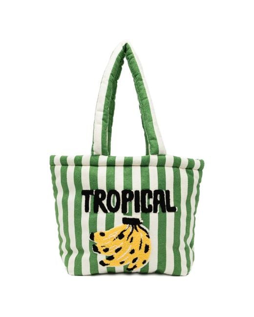Farm Rio Green Striped Tropical Banana Tote Bag