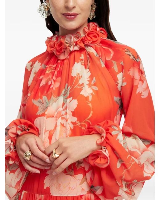 LEO LIN Angela ラッフル フローラル マキシドレス Red