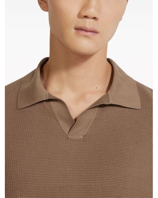 Zegna Brown Knitted Cotton Polo Shirt for men