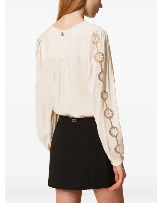 Twinset Natural Bestickte Bluse Mit Puffärmeln