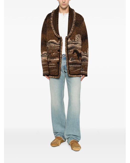 Alanui Brown Landscape-Pattern Fringed Jacket for men