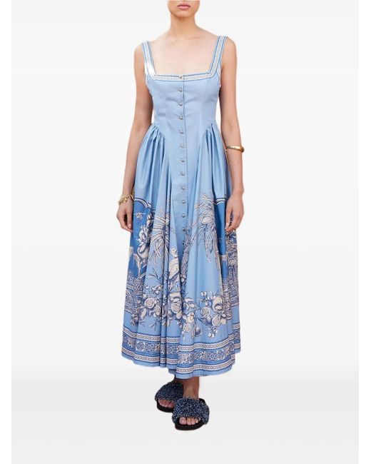 ALÉMAIS Blue Villa Romantica Buttoned-Floral Midi Dress